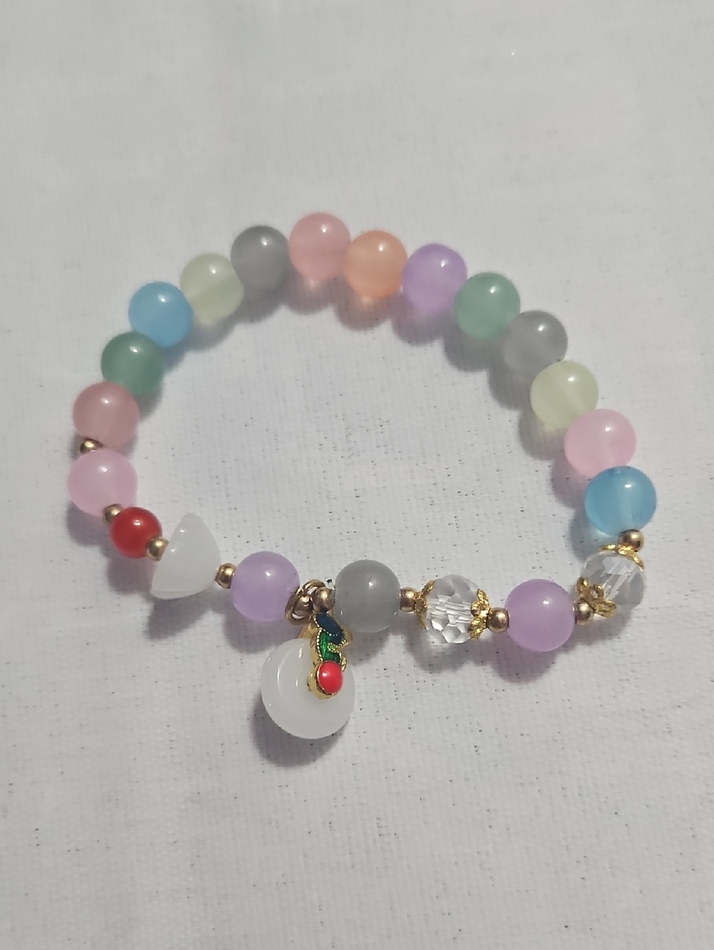 Pastel Multi-Color Beaded Stretch Bracelet with White Donut & Cherry Charm